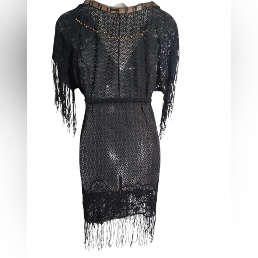 Despi Black Lace Fringe Swim Cover Up Sheer V Neck Resort Boho Beach SZ SP - Picture 3 of 5
